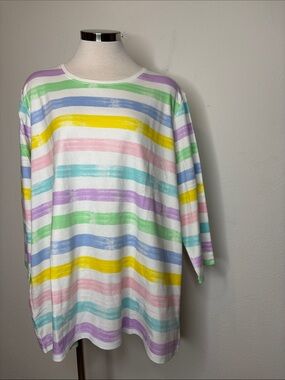 Kim Rogers Pastel Rainbow Stripe 3/4 Sleeve Top